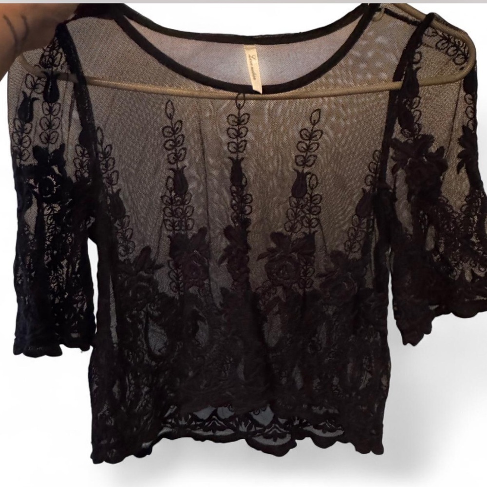 Love Nation Black Cropped lace mesh 3/4 Sleeve Blouse